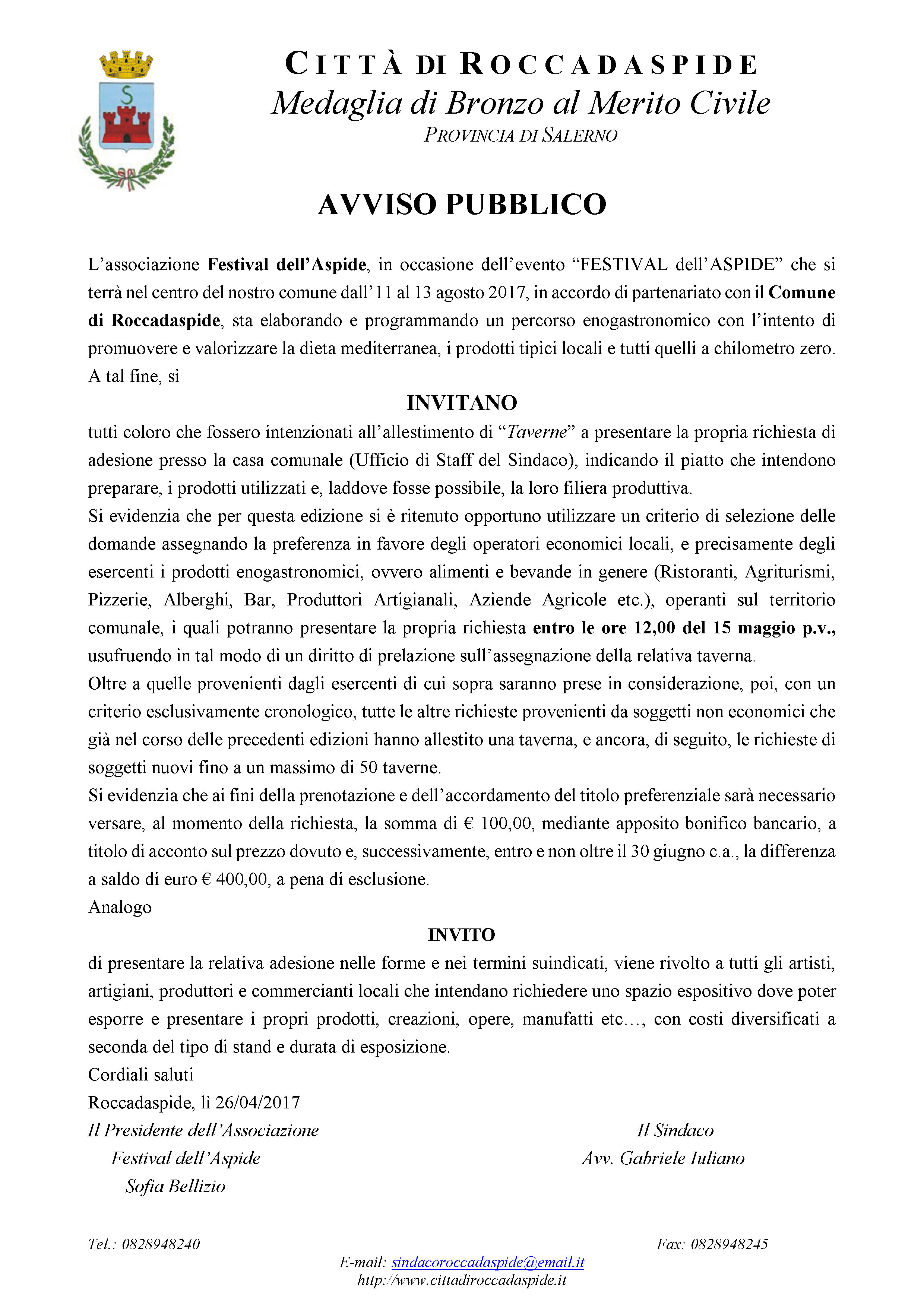 Festival dell'Aspide 2017 - AVVISO PUBBLICO per l'allestimento delle taverne. Immagine