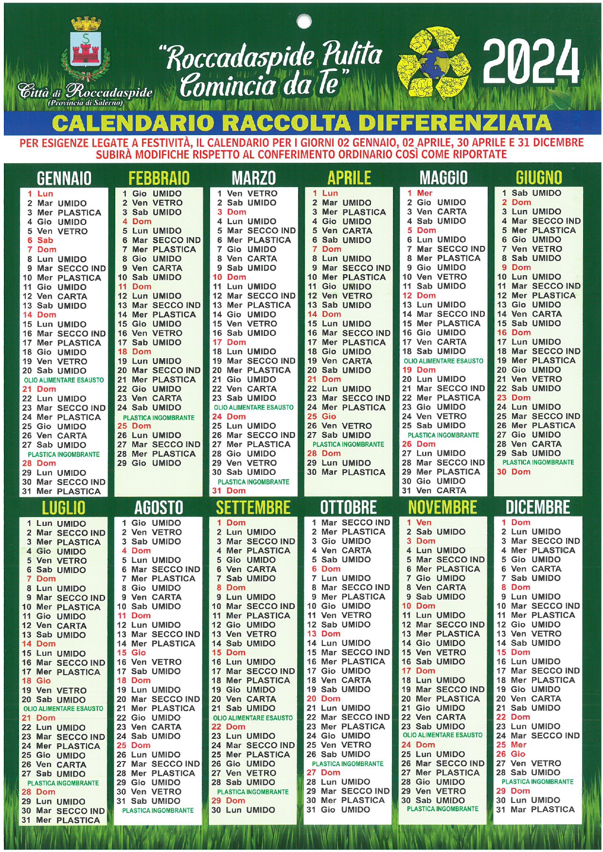 Calendario Raccolta differenziata 2024